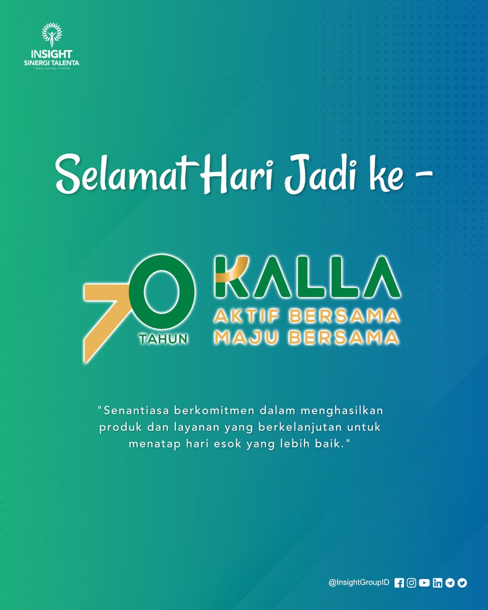 INSIGHT SINERGI TALENTA (@insightgroupid) on Twitter photo Atas nama Manajemen PT. INSAN SINERGI TALENTA , kami mengucapkan Selamat Hari Jadi ke-70 <a href="/kallagroup/">Kalla Group</a> .
70 Tahun Kalla Group
Aktif Bersama
Maju Bersama
#insightdaritimurindonesia #growwithinsight #insightonlinesolutions #KallaGroup #70Tahun
#KallaForLife #AktifBersamaMajuBersama Atas nama Manajemen PT. INSAN SINERGI TALENTA , kami mengucapkan Selamat Hari Jadi ke-70 <a href="/kallagroup/">Kalla Group</a> .
70 Tahun Kalla Group
Aktif Bersama
Maju Bersama
#insightdaritimurindonesia #growwithinsight #insightonlinesolutions #KallaGroup #70Tahun
#KallaForLife #AktifBersamaMajuBersama