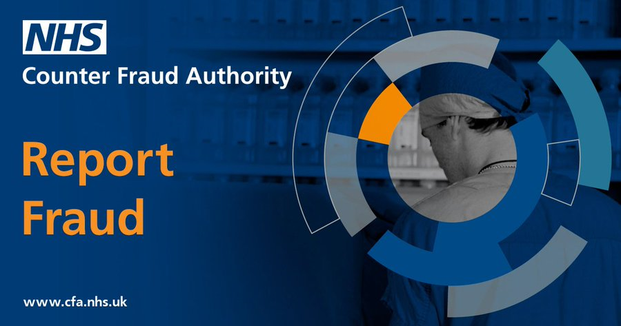 Spot a case of NHS Fraud? Don't turn a blind eye!

Contact

1 Your Local Counter Fraud Specialist

Or

2 Call our free Crimestoppers powered number - 📞 0800 028 4060

Or 

3 Report online via 💻 cfa.nhs.uk/reportfraud 

Spot it 👁️ 
Report it 📞 💻 
Together we stop it 🛑