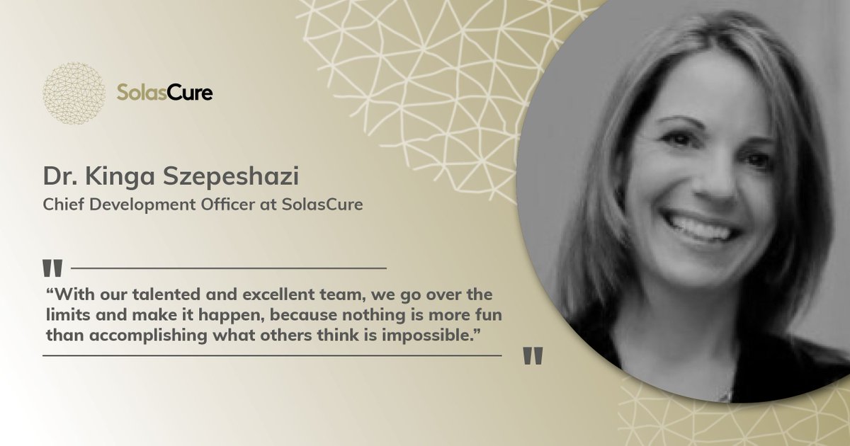 Meet Dr. Kinga Szepeshazi, Chief Development Officer at SolasCure. Dr. Szepeshazi has extensive experience in global clinical studies and was formerly Head of Early Phase Clinical Development at Richter Gedeon &amp; Medical Director at Immunic Therapeutics. solascure.com