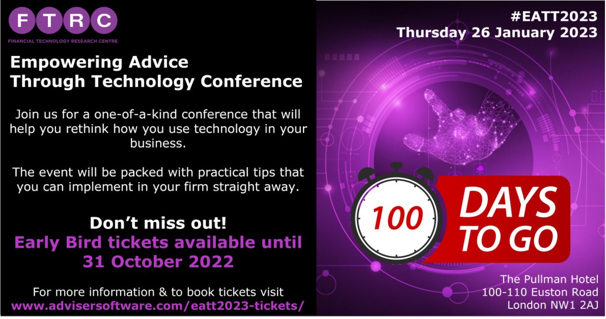 ⏰100 days until #EATT2023

Early bird tickets are available until 31 October 2022, so be sure to grab yours now and save 20%. 

Don't miss out on this unique opportunity to explore how technology can empower your advice business.  

Visit advisersoftware.com/eatt/ for more info.
