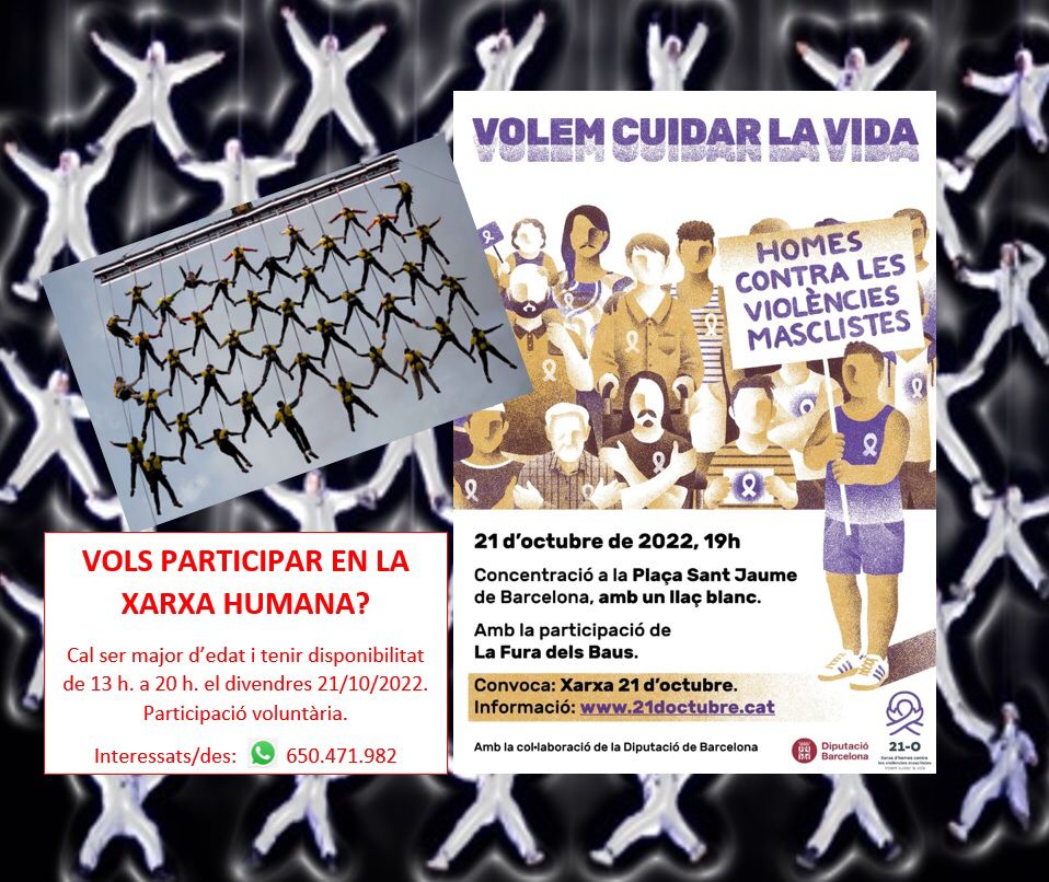 Igualitaris's tweet photo. NECESSITEM VOLUNTARIS i VOLUNTÀRIES per a fer una xarxa humana amb La Fura dels Baus aquest divendres en la concentració contra les violències masclistes i a favor de la cura de la vida.

21 d'octubre - plaça St. Jaume de Barcelona

Info a les imatges 👇👇 https://t.co/sILuJi64vO