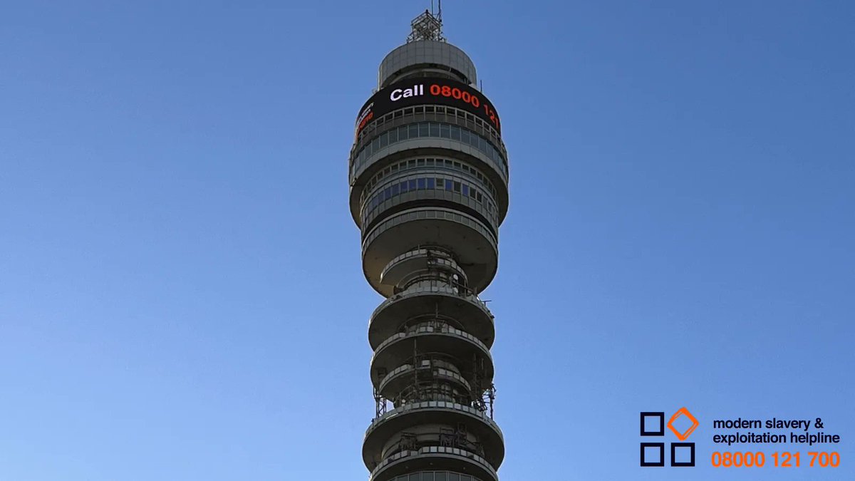 London, look up! Today on #AntiSlaveryDay the BT Tower is raising awareness of our Helpline – a vital service for those trapped in #modernslavery. Huge thanks to our partner <a href="/BTGroup/">BT Group</a> for supporting us for the past six years. If you #SpotTheSigns, report it free on 08000 121 700.