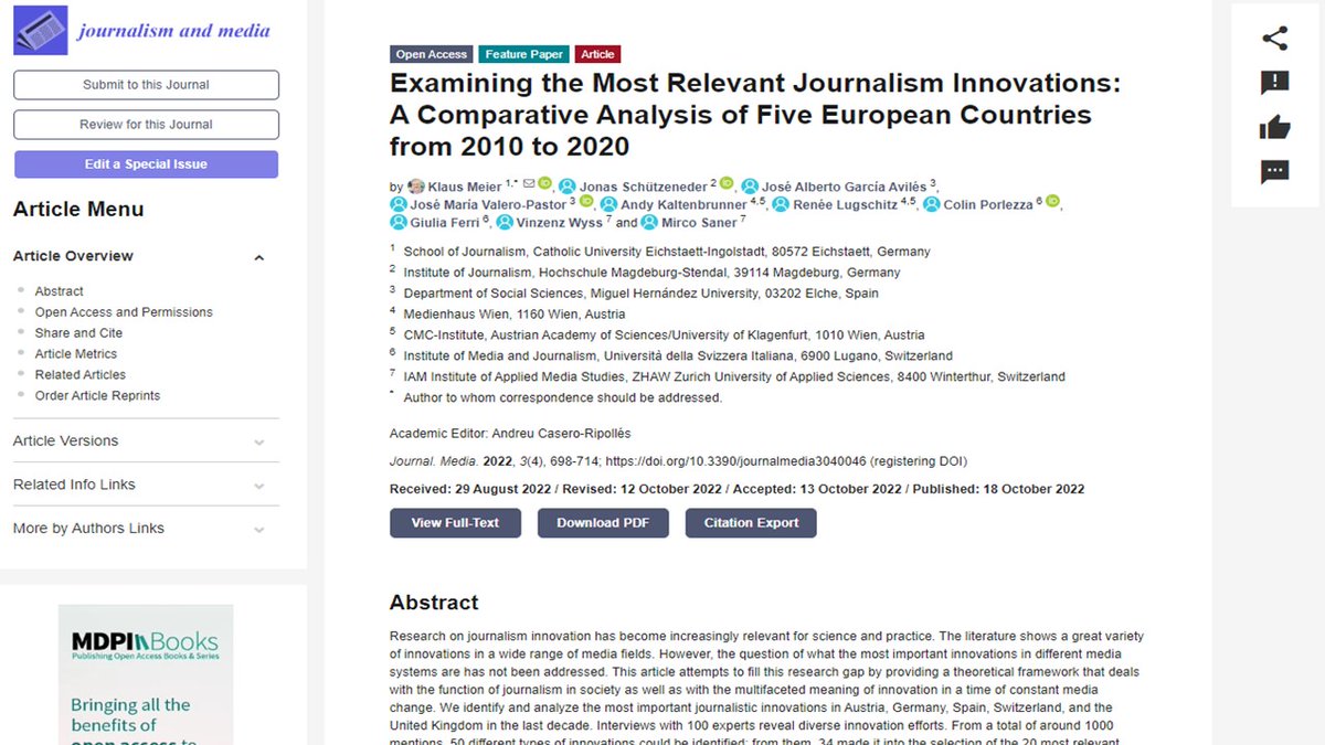 jagaraviles's tweet photo. Nuevo artículo fruto de 2 años de investigación con un equipo internacional.
Analizamos las innovaciones periodísticas más importantes en Austria, Alemania, España, Suiza y UK en la última década, a partir de entrevistas con 100 expertos.
Open Access
https://t.co/JDpmd5omYA https://t.co/DBYA36yle6