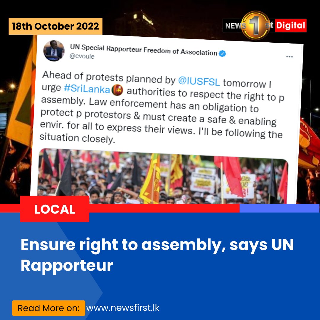 NewsfirstSL's tweet photo. Ensure right to assembly, says UN Rapporteur
Details: https://t.co/SPaxKXdiPN
#lka #SriLanka #SLnews #News1st #UN #HumanRights #ProtestLK #RightToAssembly https://t.co/2aJrPtet2s