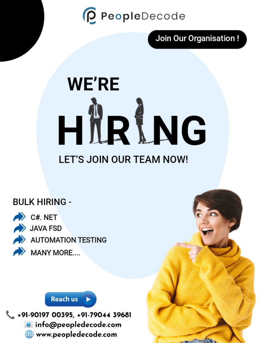 peopledecode's tweet photo. #ithiring #automation
#job #candidate #candidates #jobhiring #jobsinindia #businesshiring #india #qualitycandidate #hiring #hiringnow #hiringexpert #nowhiring #linkedin #linkedinconnection #lookingforcandidates #lookingforjob #businessconsultingservices #consultants https://t.co/ffw0qp97UC