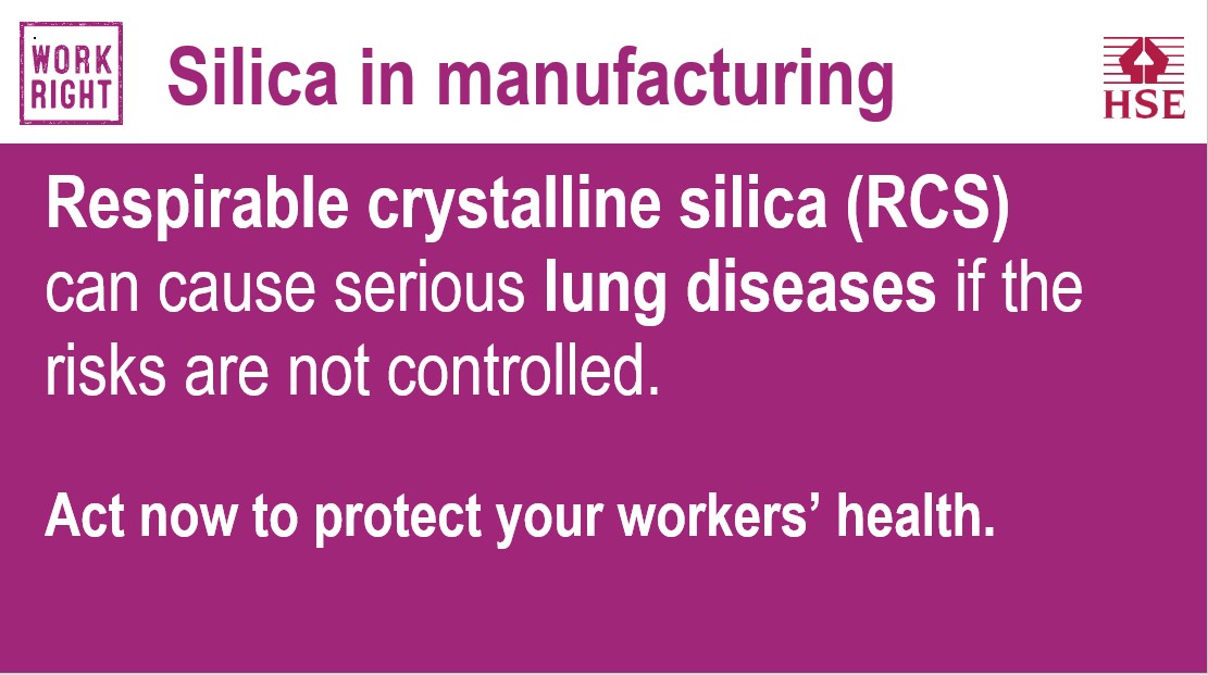 H_S_E's tweet photo. Life changing lung diseases can develop if the risk of exposure to respirable crystalline silica (RCS) dust is not controlled in manufacturing. 

Act now to protect your workers' health:  https://t.co/CBvpP9x9eh #WorkRight https://t.co/VvjceeNvAy