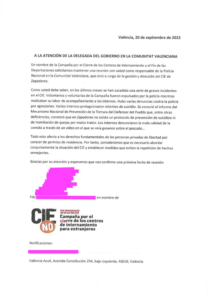 Hace casi un mes que solicitamos reunión con la Delegada del Gobierno <a href="/DGobiernoCV/">Delegación del Gobierno en la Comunitat Valenciana</a> para abordar los graves incidentes que se han producido en los últimos meses en el CIE de València 
<a href="/pilarbernabe/">Pilar Bernabé /❤️</a>, ¿cuándo nos dará cita?

#CIEsNO ¿#NosCitas? #StopDeportaciones #DDHH #DdelGovern