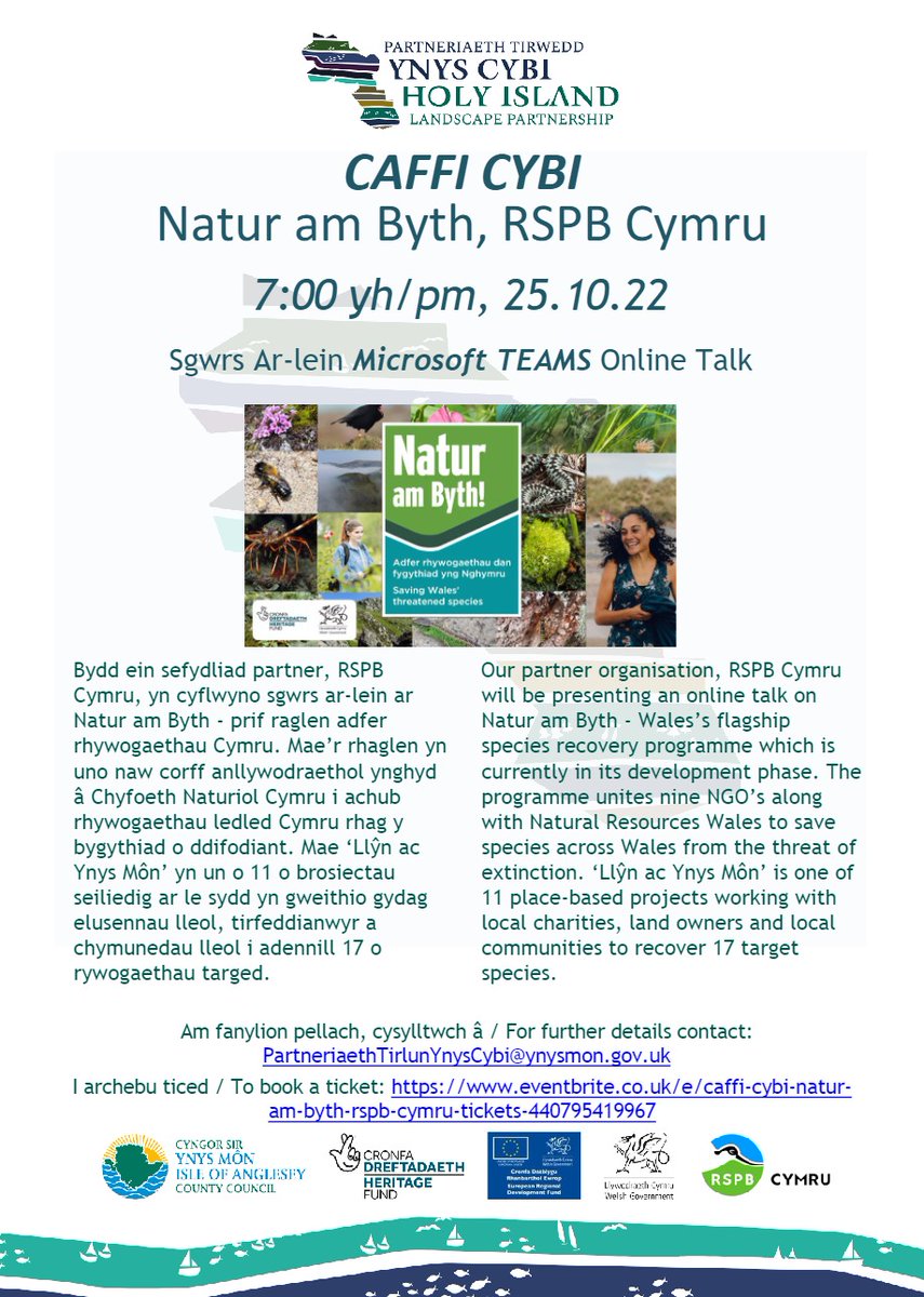 Join Caffi Cybi online Tuesday 25th October for a talk by RSPB Cymru on the Natur am Byth project - Wales’ flagship species recovery programme. eventbrite.co.uk/e/caffi-cybi-n…
<a href="/angleseycouncil/">Isle of Anglesey County Council</a> <a href="/HeritageFundUK/">The National Lottery Heritage Fund</a> <a href="/MonCFAnglesey/">Môn CF Anglesey</a> <a href="/Talkholyhead/">Holyheads Local Conversation</a> @HHMaritime <a href="/TownHolyhead/">Holyhead Town Council</a> @WildBoathouse
