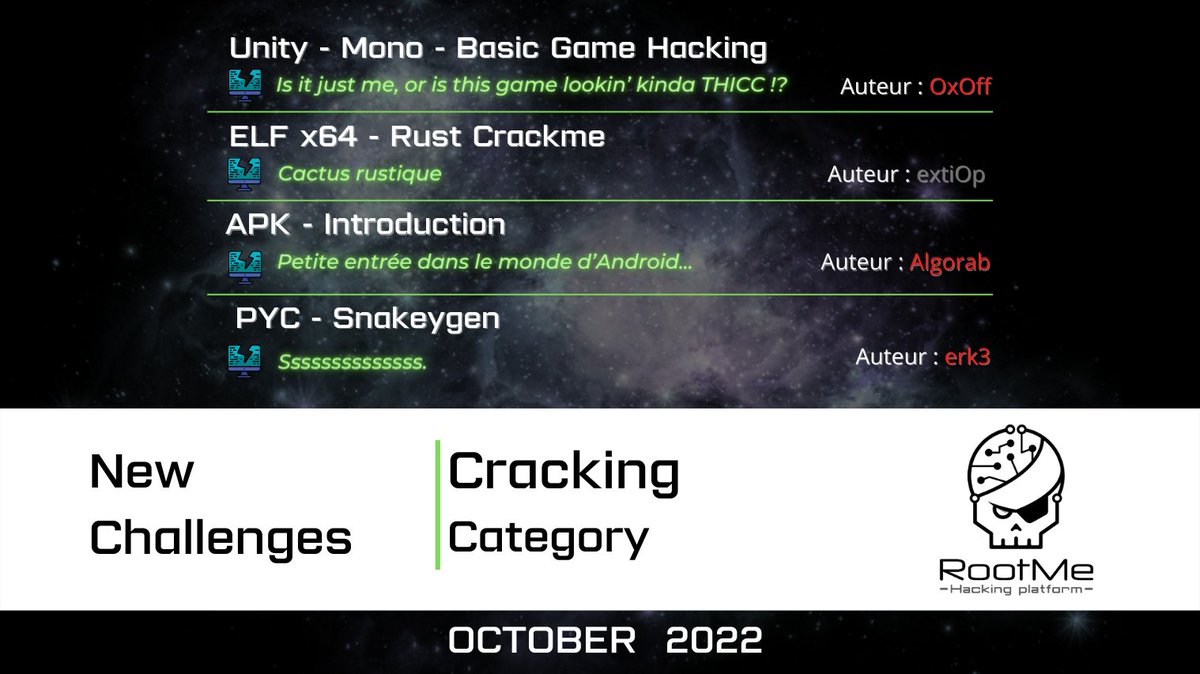 rootme_org's tweet image. New series of challenges in the Cracking category available on Root-Me !
root-me.org/en/breve/New-s…
Thank you to our authors #0x0ff, #exti0p, #Algorab and #erk3 for their creations! 👍️ 
Good luck everyone, enjoy these new challenges !🚩