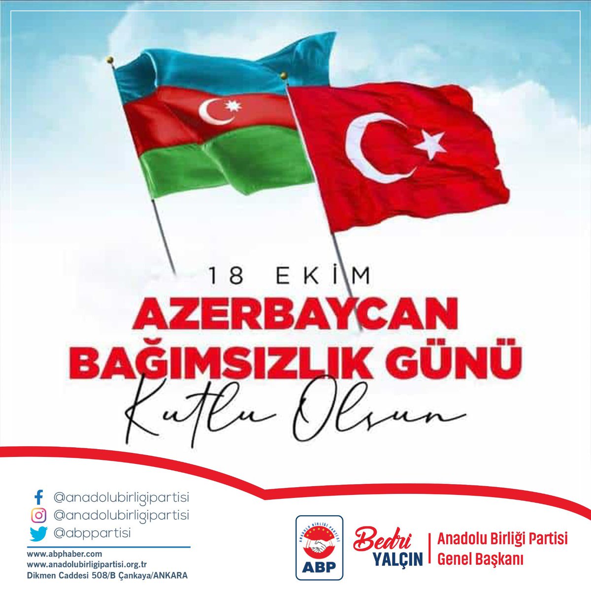 Azarbaycan bağımsızlık günü kutlu olsun. Anadolu Birliği Partisi 🇹🇷 #anadolubirliğipartisi #bedriyalçın #miting #eyt #öğrenim #öğrenci #seçim #2023 #abppartisi #keşfet #berkkuzu #hamzayurtpınar #ankara #rte #türkiye #atatürk #reels #tbmm #mustafakemalatatürk #Azerbaycan