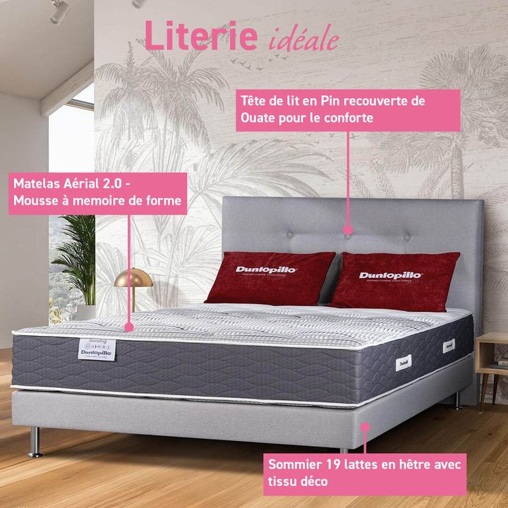 Découvrez cet ensemble sommier matelas et tête de lit chez Dunlopillo
Le matelas « Régent » possède une mousse Aérial deuxième génération associé à la plaque de latex pulse qui offre un confort optimal et s’adapte à toutes les morphologies.
Son sommier « tradiconfort » s’adapte