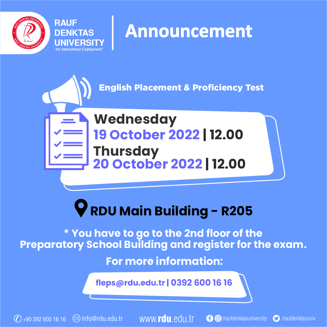 İngilizce Yeterlik Sınavı/English Placement & Proficiency Test 
Detaylı bilgi için / For more information:
💻 fleps@rdu.edu.tr
 📱 0392 600 16 16
#raufdenktaşüniversitesi #raufdenktasuniversity #rdü #kktc