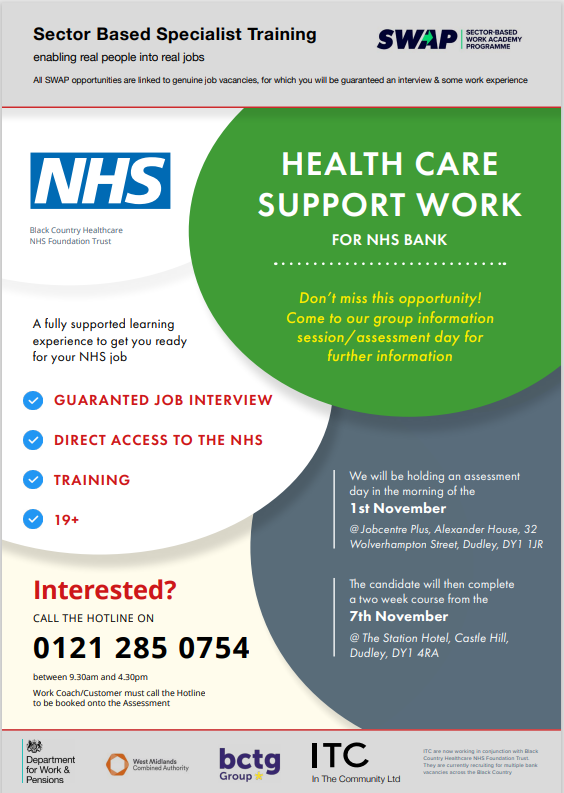 ServiceLeaderBC's tweet photo. Are you interested in a  Health Care Support role with the NHS?

Successful completion of a 2 week programme will lead to guaranteed interview

ℹ️ See flyer for more details

📞Call 0121 285 0754 to book on to the assessment day https://t.co/cH9Xv20wIc