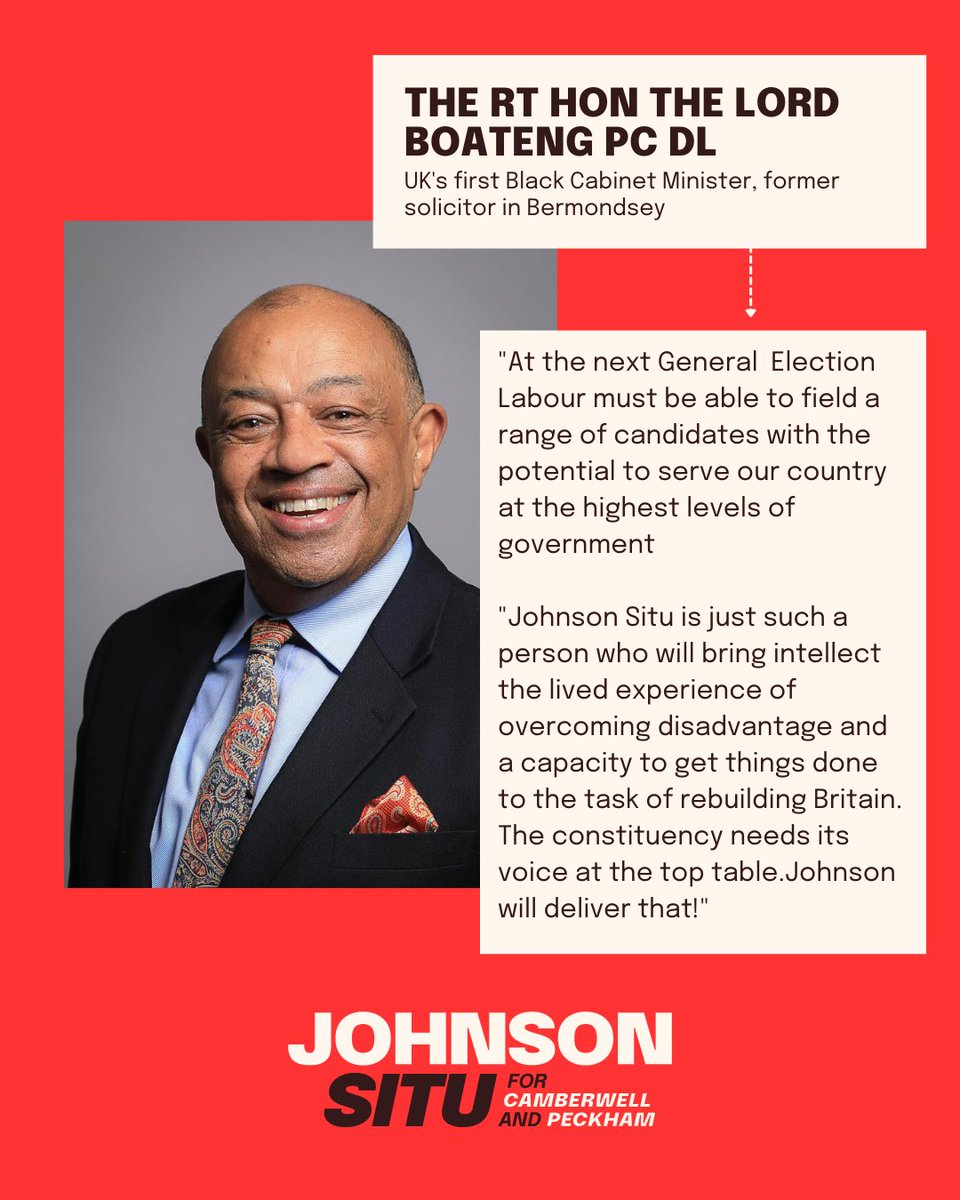 JohnsonSitu's tweet photo. Growing up I didn’t see many people who looked like me making decisions, so I remember where I was when Paul Boateng MP was appointed as the first black person into the Cabinet.

I’m truly humbled to have his support to be the next C&amp;P Lab MP.  1/2 https://t.co/UmCZUFJO4L