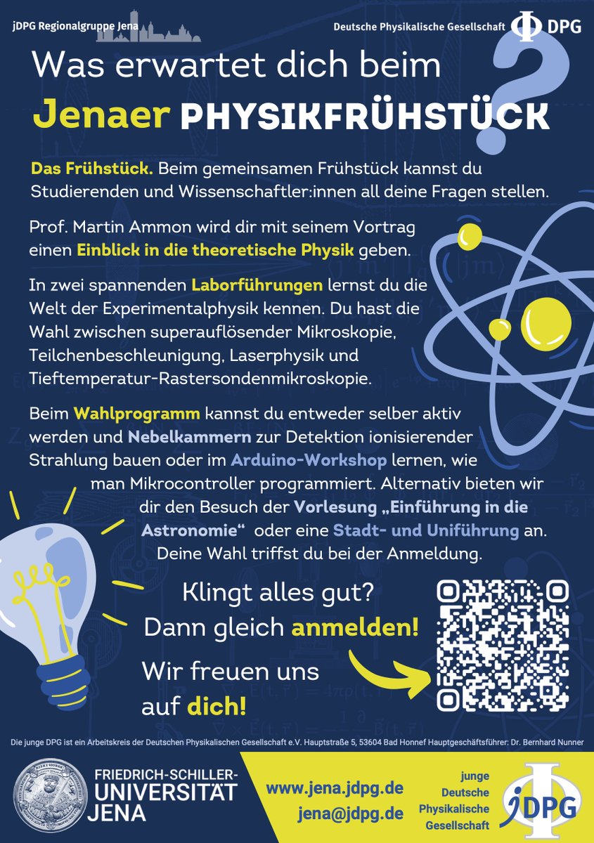 Appetit auf #Physik? Das Jenaer Physikfrühstück  am 3.11.2022 <a href="/UniJena/">Universität Jena</a> für physikbegeisterte Schüler:innen. Euch erwartet ein #Frühstück mit Studierenden &amp; Wissenschaftler:innen, Laborführungen, #Experimente zum Selbermachen und vieles mehr. dpg-physik.de/veranstaltunge…