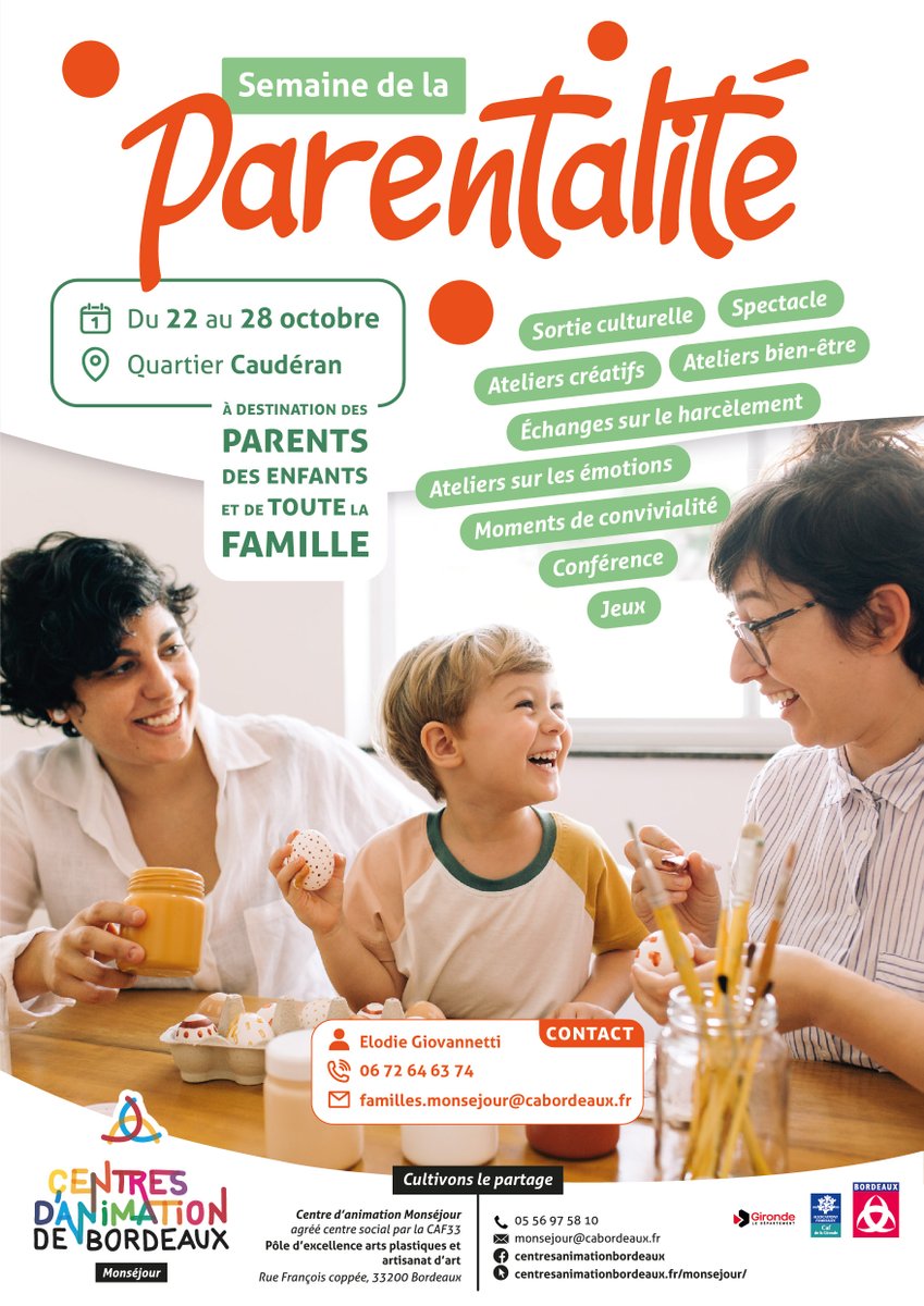 cabordeaux33's tweet photo. 👩‍👦La semaine de la parentalité débute le 22 octobre !
👉Ateliers, échanges, conférence et jeux seront au rendez-vous jusqu'au 28 octobre. Sortie culturelle, spectacles et moments conviviaux viendront alimenter cette semaine familiale ! Rdv sur notre site👇
https://t.co/wRBfCmpdJZ https://t.co/p0nwCJjtS5