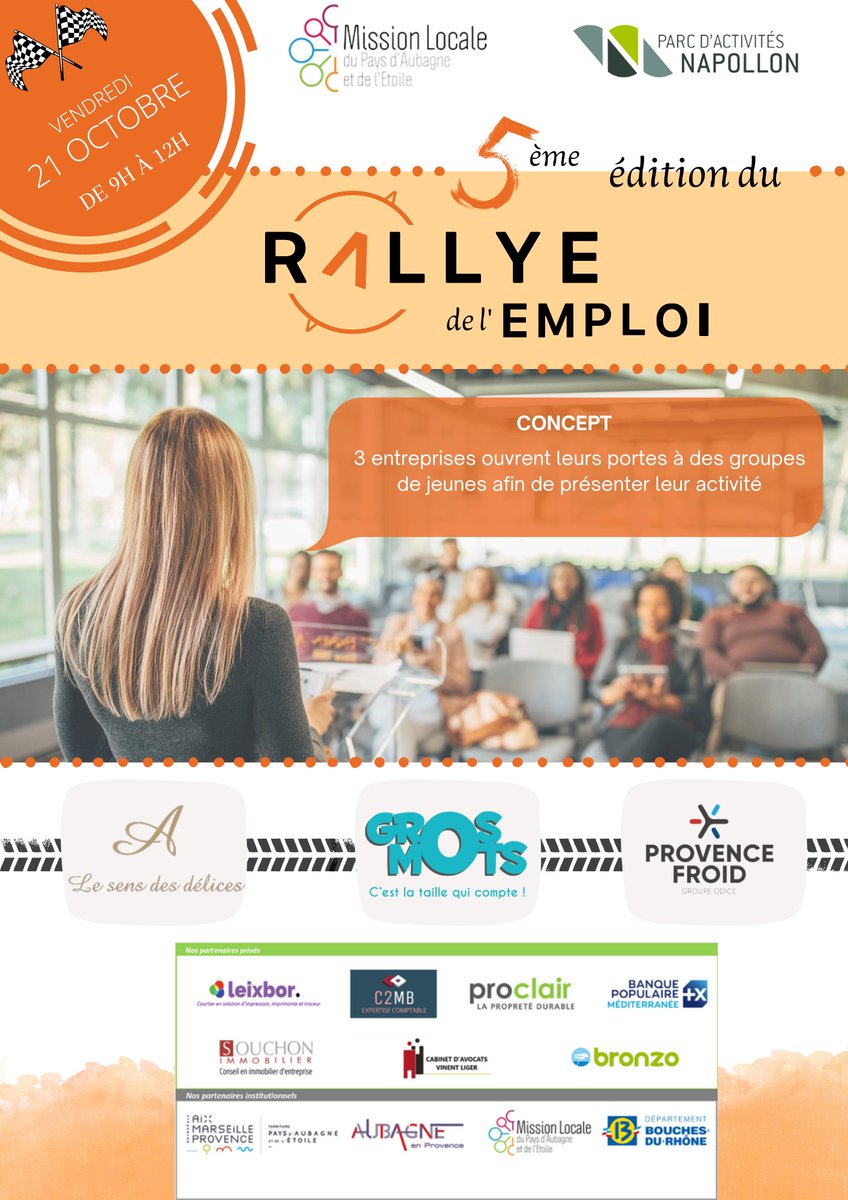 Rencontre #jeunes #employeurs : 5e édition du #rallyedel'emploi ce vendredi 21 avec l'<a href="/ApnNapollon/">Association Napollon</a> !
<a href="/villedaubagne/">Aubagne</a> <a href="/AMPMetropole/">Métropole Aix-Marseille-Provence</a> <a href="/MaRegionSud/">Région Sud</a> @cnied13 <a href="/ardmlpaca/">ARDML SUD Provence Alpes Côte d'Azur</a> <a href="/UNmissionlocale/">UNML</a> #entreprises