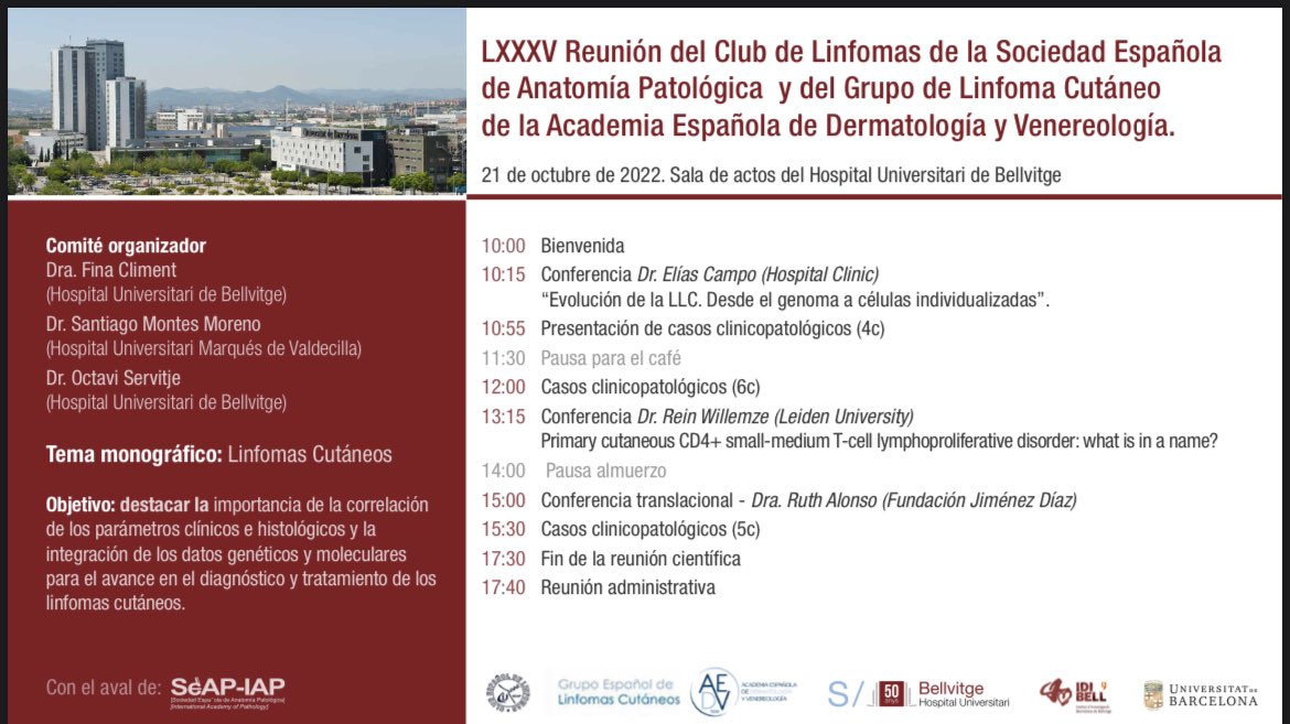 hbellvitge's tweet photo. 🗓 Aquest divendres, 22/X el Servei de #Dermatologia organitza el ‘Club de Limfomes’ amb el tema monogràfic de limfomes cutanis a la Sala d'actes de l’hospital.
Una jornada d’actualització per avançar en el diagnòstic i tractament dels #limfomes cutanis 👌
#hospitalenxarxa https://t.co/5nVMQJAdcS