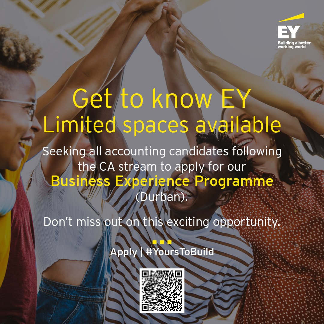 EY_Africa's tweet photo. All Durban Accounting (CA) students, secure your seats today. Get to know EY. Venue: Pencarrow Park, 1 Pencarrow Crescent, La Lucia Ridge, Durban. Booking: https://t.co/3WUDSP3OJw https://t.co/60AoBsf57t