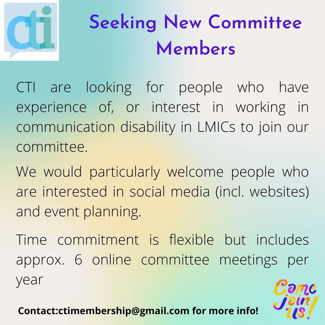 Comm_n International (@comm_ntherapy) on Twitter photo Would you like to be a part of CTI's committee? We are looking for people to join our team particularly those interested in social media, running events and website content.
Find out more now by contacting ctimembership@gmail.com or by visiting our webpage
#slpeeps #cti @rcslt Would you like to be a part of CTI's committee? We are looking for people to join our team particularly those interested in social media, running events and website content.
Find out more now by contacting ctimembership@gmail.com or by visiting our webpage
#slpeeps #cti @rcslt