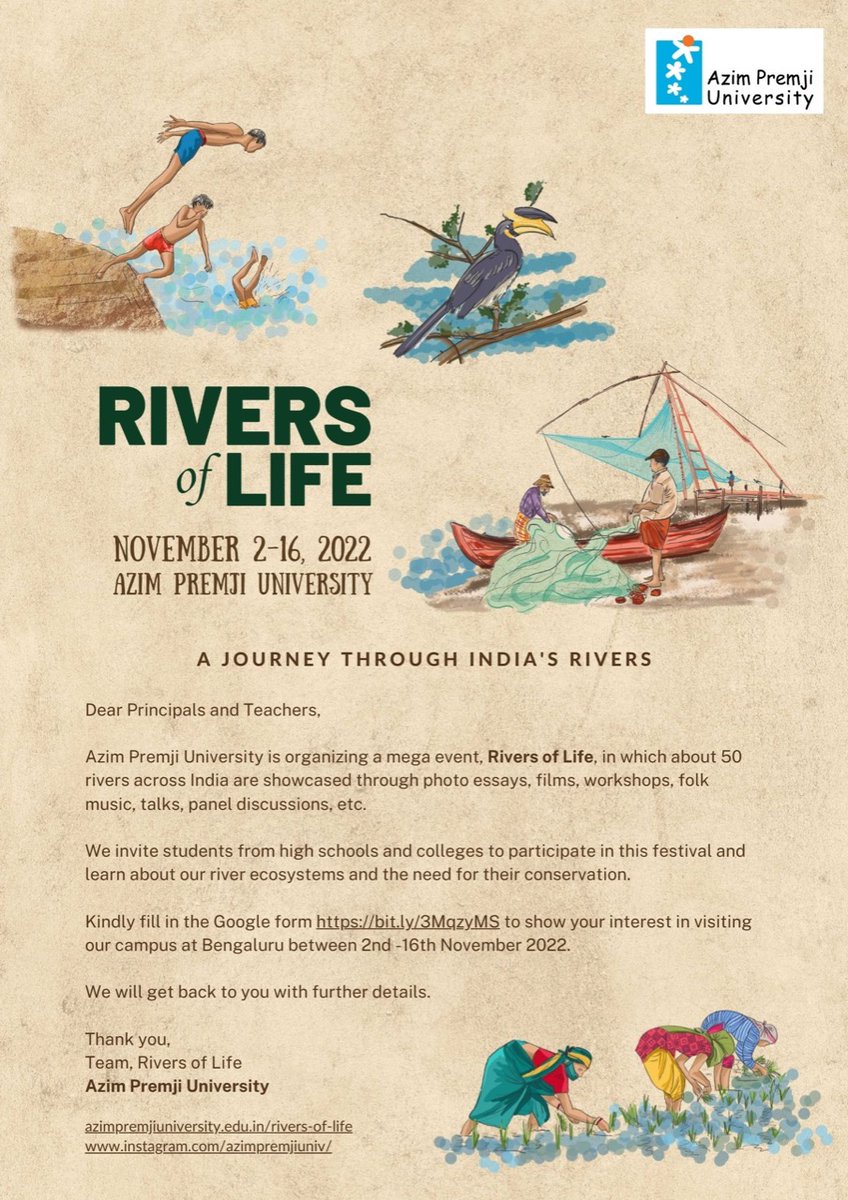<a href="/azimpremjiuniv/">Azim Premji University</a> welcomes you to #RiversofLife, a festival to celebrate rivers across India, from 1-16 November. We especially invite students from high school and colleges across Bangalore to visit. Principals and teachers - fill this form bit.ly/3MqzyMS. Please reshare!