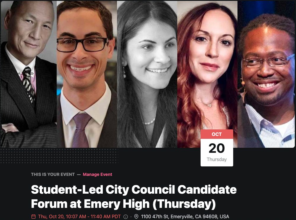 priforce's tweet photo. Emery High School students invite you to come out and get to know your candidates running for #Emeryville City Council w/ first in-person candidate forum since the Covid pandemic. #politics #EastBay #EmeryHigh https://t.co/XV8U3Ml0ta