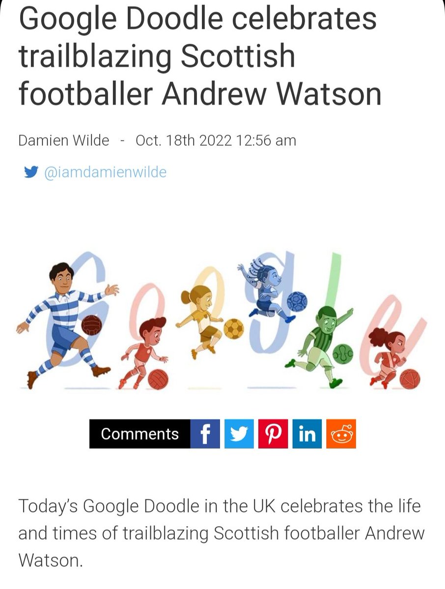 R_McBrearty's tweet photo. Brilliant to see the magnificent coverage Andrew Watson, 1st black international footballer, is receiving today via Google Doodle. The Scottish Football Museum collections are also launching on the Google Arts and Culture platform! https://t.co/Ea1rX8f3gb