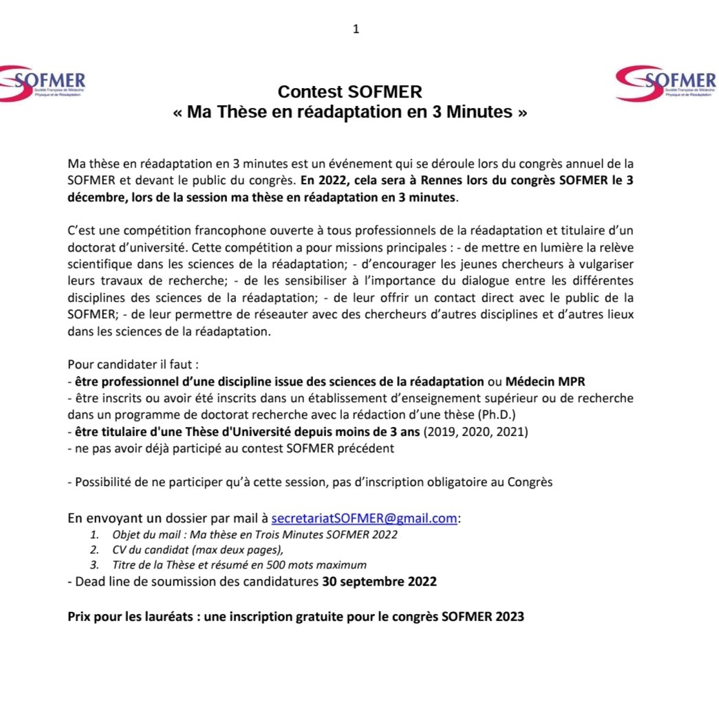 SOFMERofficiel's tweet photo. 🗣️ encore quelques jours pour soumettre votre demande:
1️⃣ #bourse #participation #congres 🚅✈️🏢
2️⃣ votre #candidature au contest #sofmer #MT180S si vous êtes professionnel d'une discipline issue des #sciences de la #readaptation ou #MPR 🚀🥼
⏳ extension deadline 31/10/2022 https://t.co/tU4JaPL6cx
