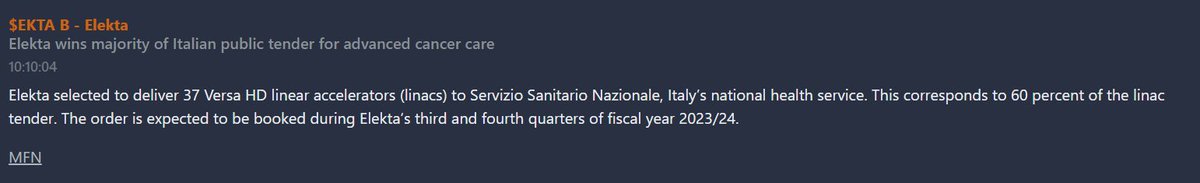 $EKTA B - Elekta wins majority of Italian public tender for advanced cancer care

Elekta selected to deliver 37 Versa HD linear accelerators (linacs) to Servizio Sanitario Nazionale, Italy’s national health service. This corresponds to 60 percent of the linac tender.