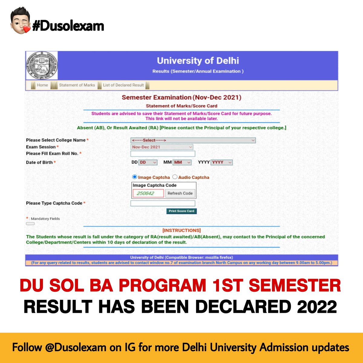 DU SOL BA Program 1st Semester Results Has Been Declared Now 2022 instagram.com/p/Cj0WQSuhStA/…