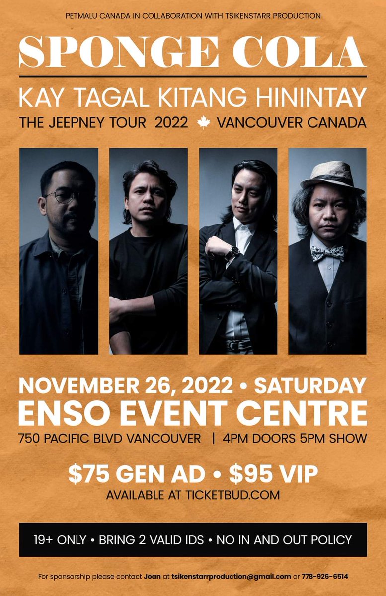 Yael Yrastorza Yuzon (@yaelyraz) on Twitter photo Vancouver! Seeya November 26! To purchase tickets online here's the link ticketbud.com/events/b1da2a1…
<a href="/SpongeColaPH/">Sponge Cola</a> <a href="/oshkoshb/">gosh</a> <a href="/tmacvibe/">TedMark Cruz</a> <a href="/Arminov/">erwin armovit</a> 🍁 Vancouver! Seeya November 26! To purchase tickets online here's the link ticketbud.com/events/b1da2a1…
<a href="/SpongeColaPH/">Sponge Cola</a> <a href="/oshkoshb/">gosh</a> <a href="/tmacvibe/">TedMark Cruz</a> <a href="/Arminov/">erwin armovit</a> 🍁