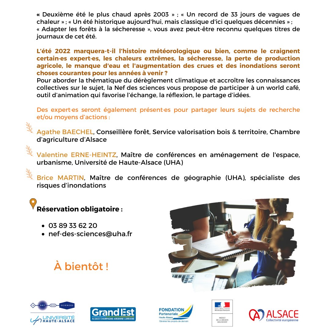 Un événement sur le dérèglement climatique ? 🔥🌪

🔔Il reste de la place à notre Word Café de demain à 18 h à la Nef des sciences ! 

#Mulhouse #Event #Science