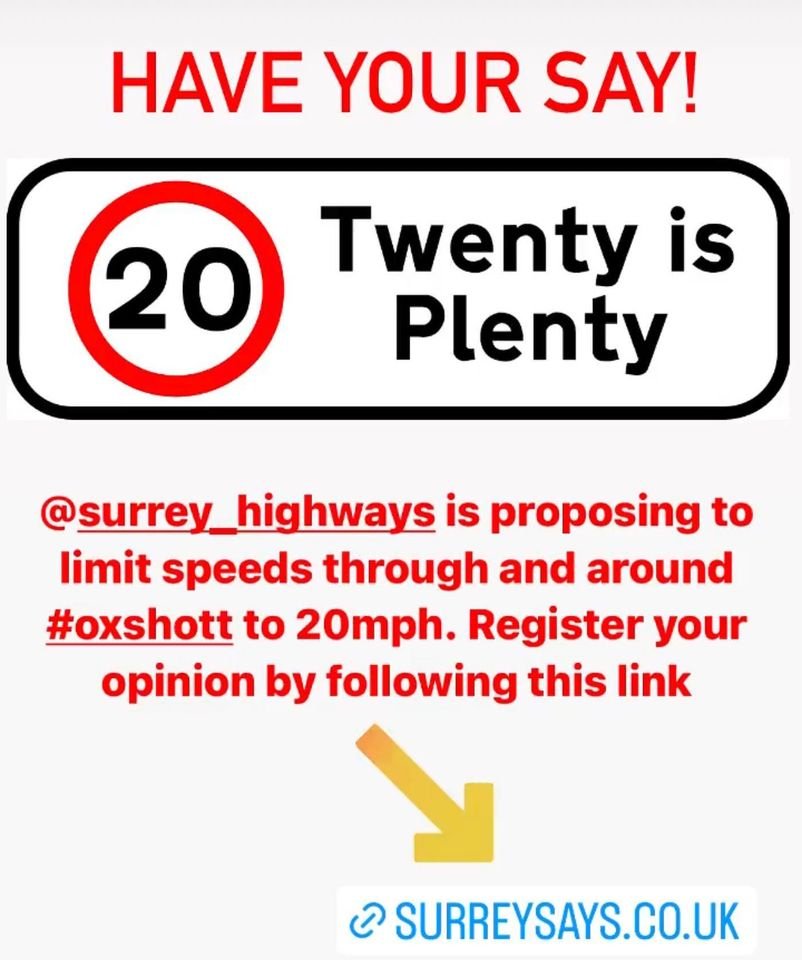 FEDORA_Oxshott's tweet photo. @surrey_highways are proposing to reduce the speed limit to 20mph through Oxshott and some surrounding roads. Have your say on their website: https://t.co/3MOlY418q6 #oxshott #roadsafety #twentyisplenty https://t.co/Zp1bwwo9VJ
