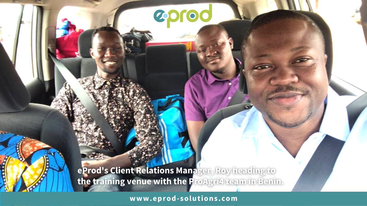 eProd's Client Relations Manager, Roy Komen (on the left) is heading to the training venue with the ProAgri4 team in Benin to train four organizations that present value chains such as soya bean, cashew, rice, and shea.

#eProd #supplychainmanagement #ProAgri4 #training