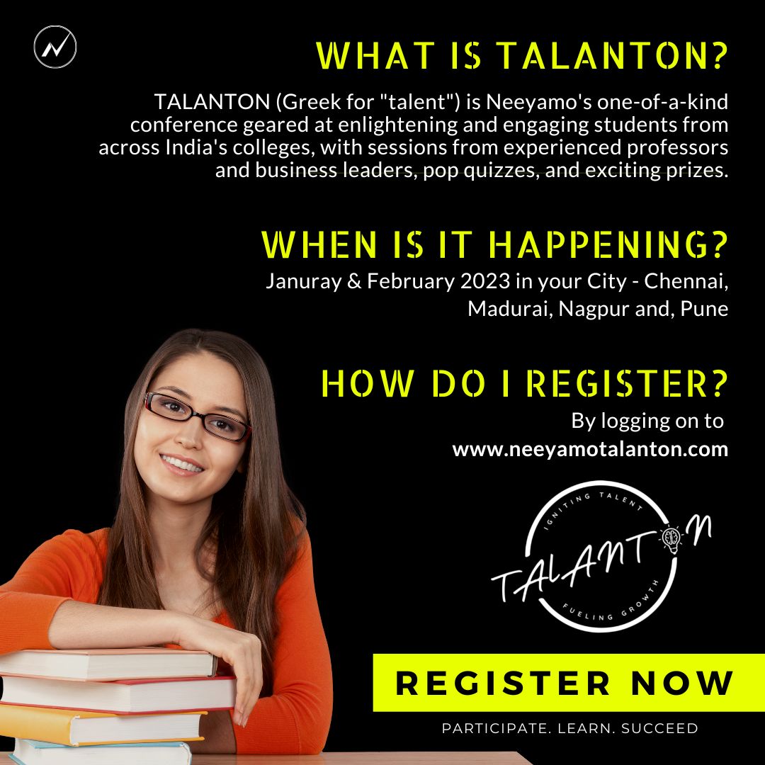 Neeyamo's tweet photo. Are you a student looking for career opportunities?
Clear your career-related doubts and acquire knowledge firsthand from business leaders and professors.
Chennai, Madurai, Nagpur, and Pune. We're coming!
Save your seats: https://t.co/NzGN4kOVSN
#Talanton #WithNeeyamo https://t.co/6yZhqUQL12