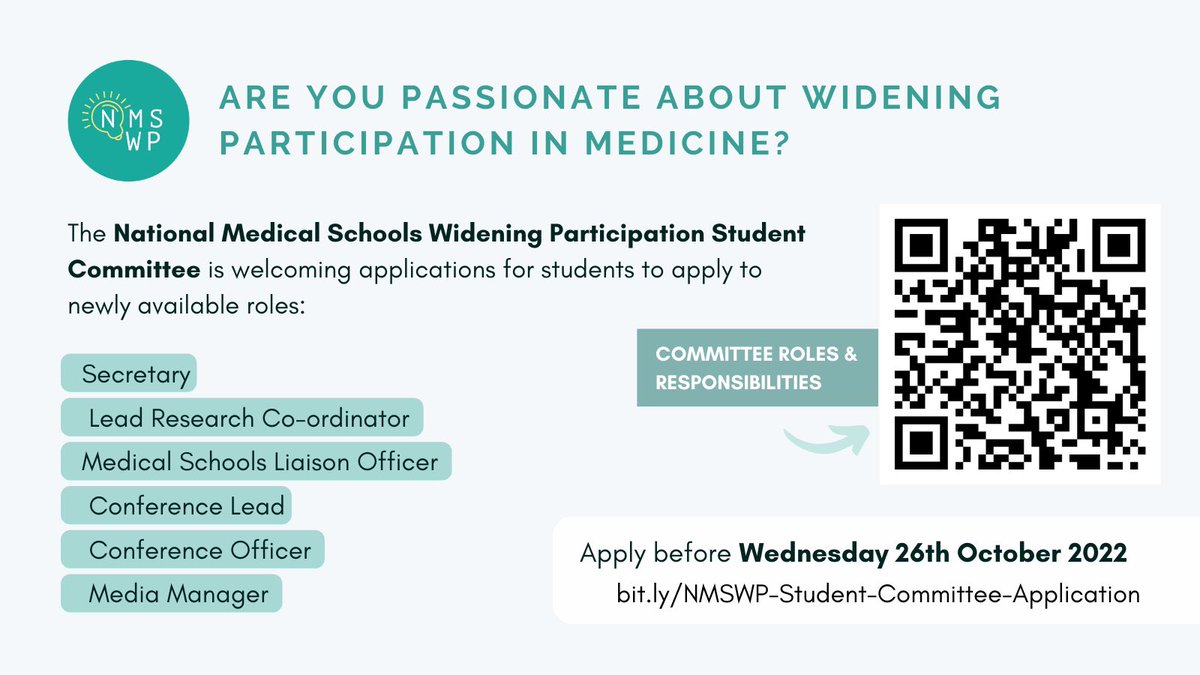 Fantastic opportunity for #medicalstudents to get involved in #wideningaccesstomedicine Apply to join the student committee @MedStudentWP of the @NMS_WP_Forum and make a real difference to the access, success and progression of medical students from underrepresented groups. #wam