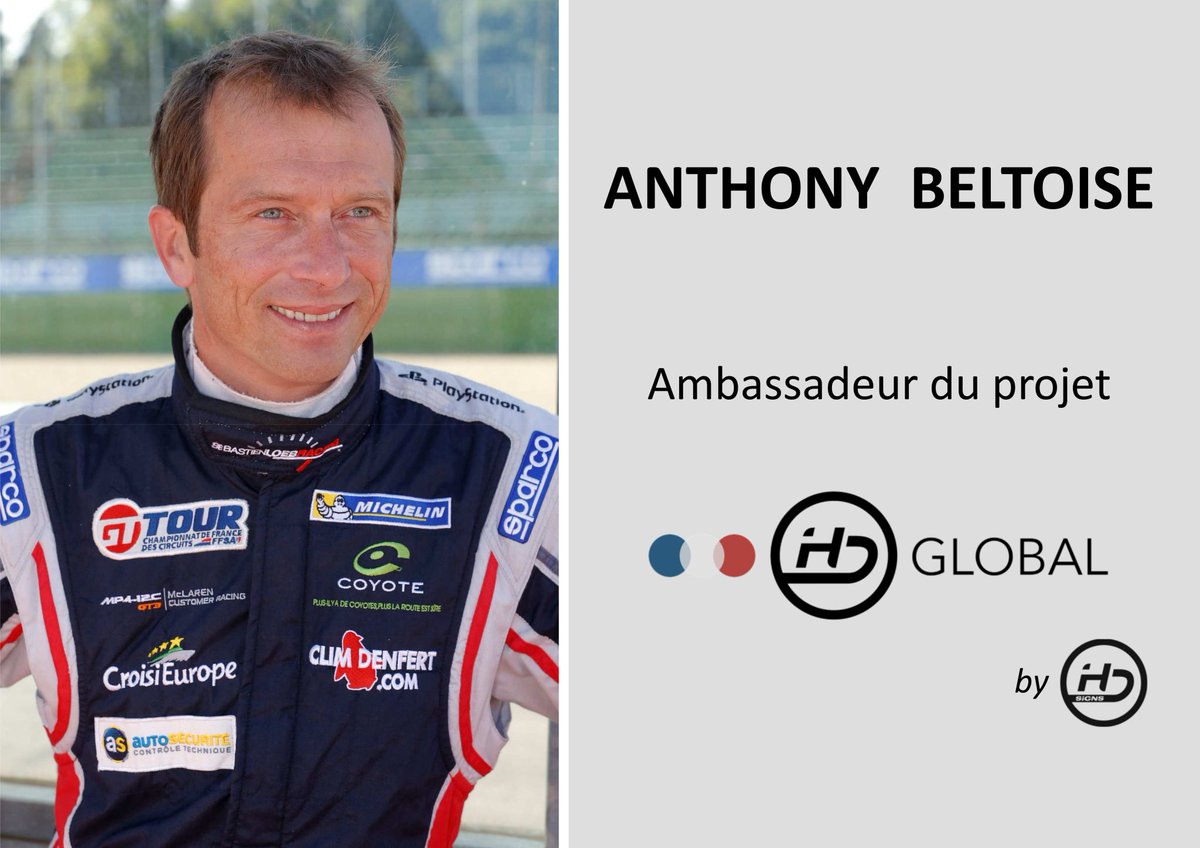 HDSigns_Group's tweet photo. 📢L’équipe de @HDSigns_Group  vous annonce qu’@anthonyBeltoise
… 🏁 pilote aux innombrables victoires🏆 lui fait l’honneur d'être l’Ambassadeur du projet météo ☀🌨❄ HD Global , en accord avec les valeurs liées à la sécurité routière qui lui tiennent également à cœur. https://t.co/IM99FcUcej