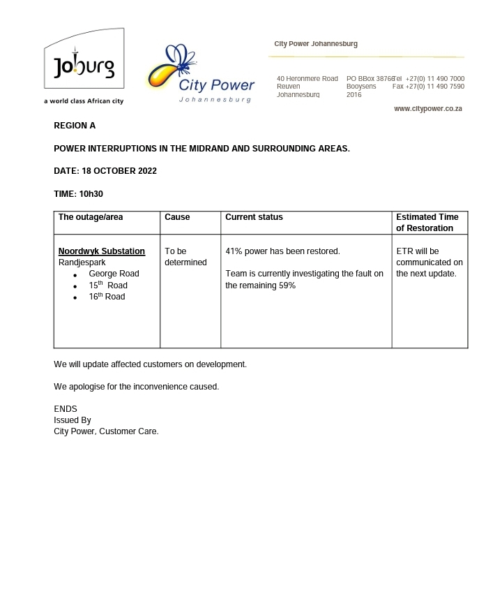 CityPowerJhb's tweet photo. #MidrandUpdate #RandjesPark

Restoration progress on 41%. Team is still running the fault. ^NT https://t.co/pHxaP9G32I