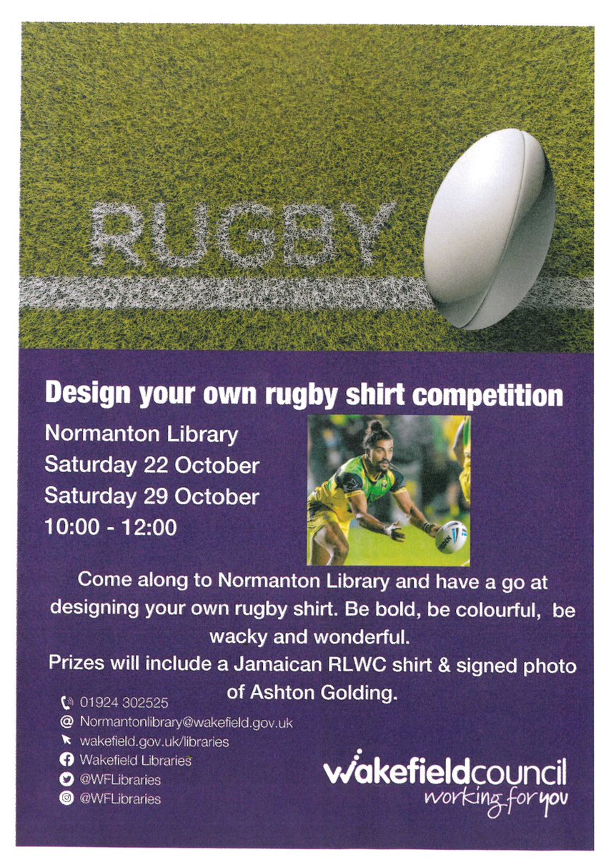 WFlibraries's tweet photo. Just a quick reminder of our @RLWC competition #NormantonLibrary @MyWakefield we have our main prize ready and waiting, which is a #signed official @JAMRugbyLeague shirt by @ashtongolding1 https://t.co/Jetx7NNynD