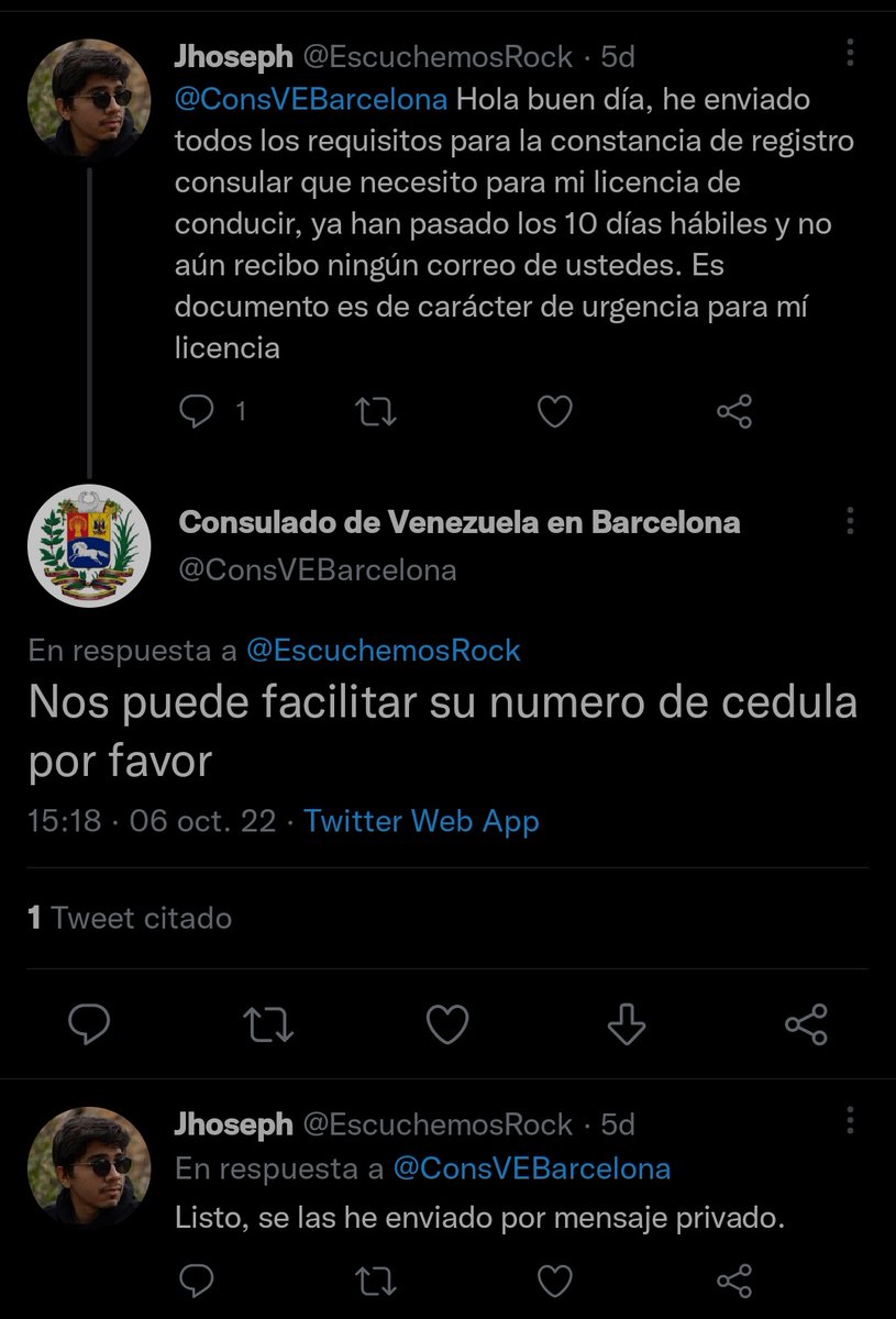 EscuchemosRock's tweet photo. Hola @ConsVEBarcelona el pasado jueves me pidieron mis datos para mí solicitud de constancia de inscripción consular ya que había pasado el periodo de 10 días hábiles que tenéis como política para responder y dar cita.
Os he enviado los datos pero me han dejado en visto dos veces https://t.co/h3I3fOc8Tg