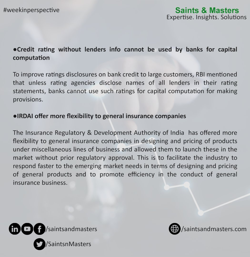 SaintsnMasters's tweet photo. Highlights of the Week
● Credit rating without lenders info cannot be used by banks for capital computation
● IRDAI offer more flexibility to general insurance companies
Read the full story here:https://t.co/DuFror4a2q
#Bank #capital #computation #insurance #companies https://t.co/FdS8aLMJl0
