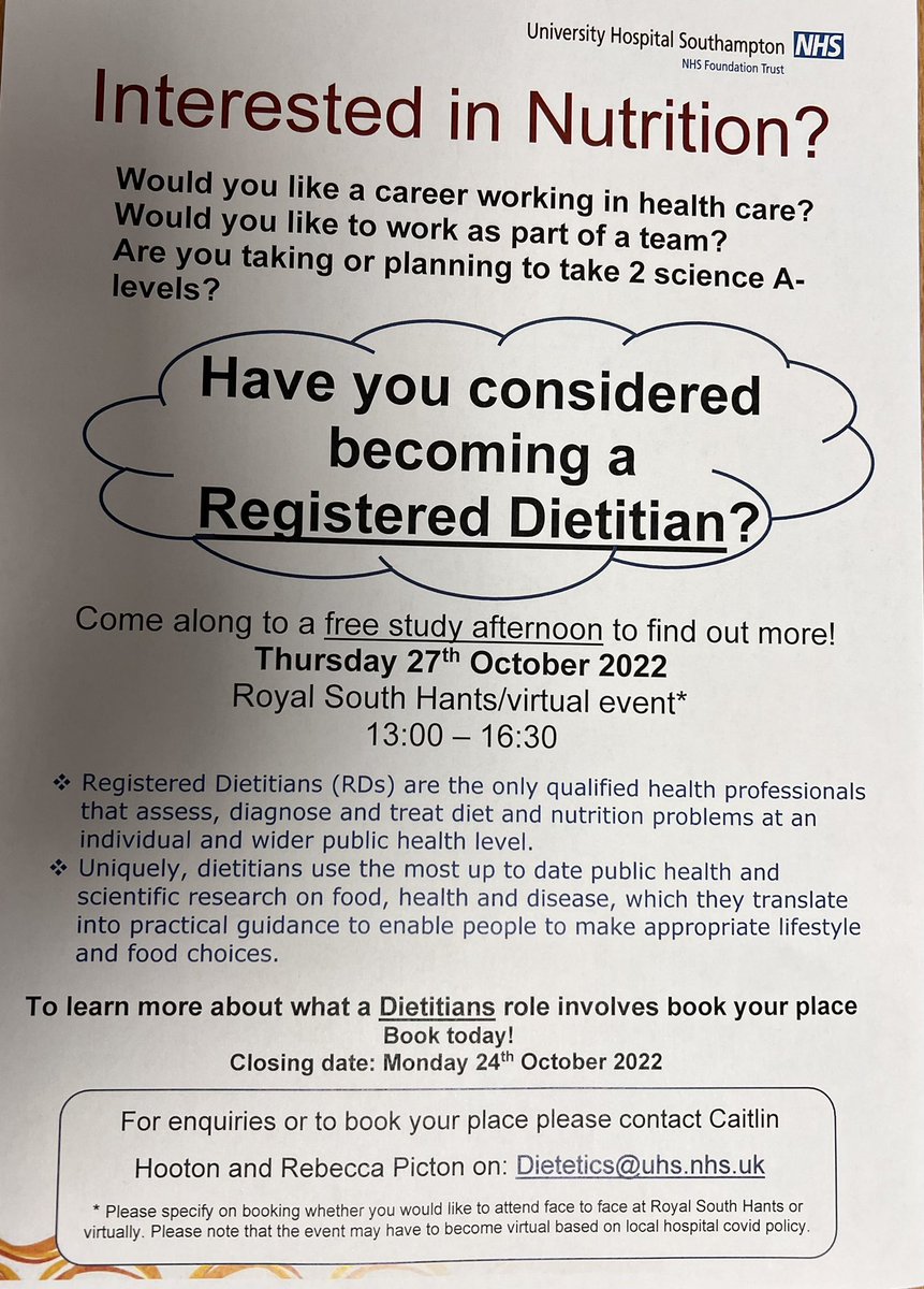 UHS_Dietitians's tweet photo. Have you considered becoming a Registered Dietitian? 🌟 Come along to our free study afternoon on Thursday 27th October to find out more! See the attached photo for more details 😊 https://t.co/1T5ztQREdY