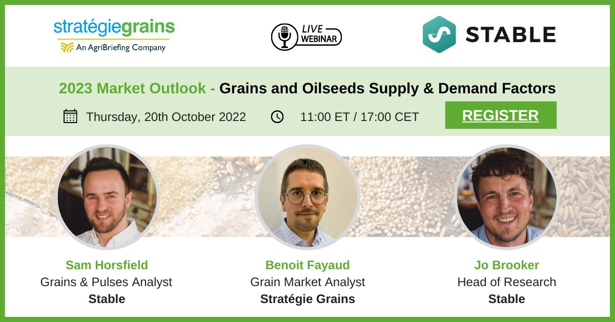 Following significant disruption, global supplies could be more balanced in various grains and oilseeds markets in 2022/23. 

Join our grain market analyst to discuss market fundamentals with <a href="/StrategieGrains/">Stratégie Grains</a> and @stableprice.

👉 Webinar registration: ow.ly/LUTc50LcQc1