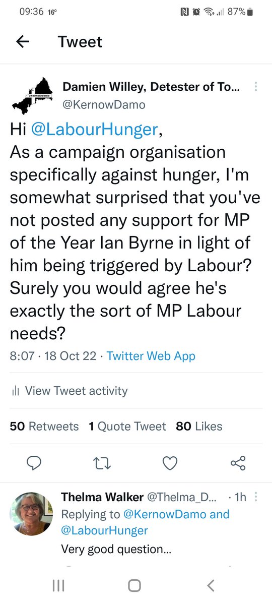 KernowDamo's tweet photo. So @LabourHunger didn't want to answer why they've not spoken up for @IanByrneMP being triggered by the party given his lead on challenging hunger in the UK and getting rightfully recognised for that as MP of the year.
Why block me for asking though? https://t.co/GI2boHnlt7