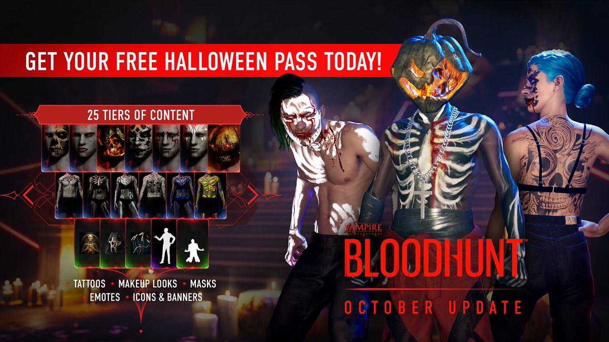 Bloodhunt's tweet image. Greetings Kindred and welcome to the October Update! Maintenance is now complete and Prague eagerly awaits your return to the rooftops. The update comes with bot backfill, gamepad aim assist improvements, the return of Trios, 42 player lobbies, important rebalancing and bugfixes!