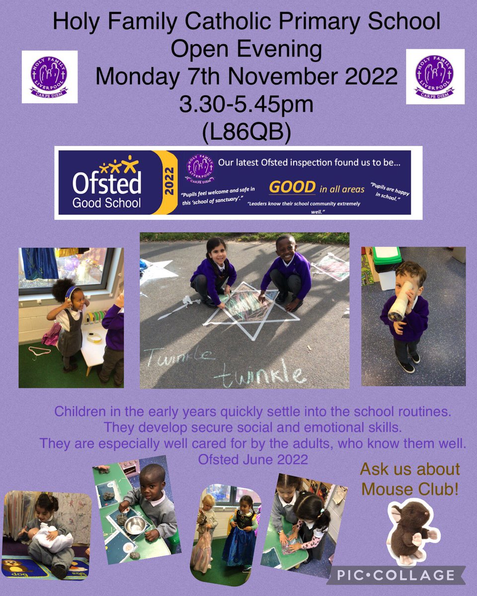 Please share with anyone who is potentially giving Holy Family the privilege of teaching their children. Staff and students will be available to speak to, with a guided school tour and activities for  children. #savethedate #goodschool @SI_Liverpool <a href="/sil_eyfs/">SIL EYFS</a>
