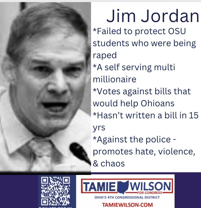 RealTamie's tweet photo. Don’t be fooled, Jim Jordan is against the police. He won’t do ANYTHING to protect you and your family!
❌Promotes hate, violence, and chaos.
❌Failed to protect OSU students who were being raped
❌A self serving multi millionaire
❌Votes against bills that would help Ohioans https://t.co/xj6YrOkGvU