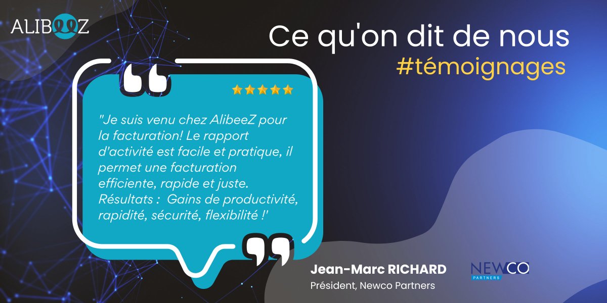 AlibeeZ_France's tweet photo. Après quelques mois d'utilisation, Jean-Marc RICHARD, Président de Newco Partners livre son témoignage sur @alibeeZ_france🚀 Gains de productivité, flexibilité &amp; rapidité sont à l'honneur. Nous sommes ravis de vous accompagner, merci pour votre confiance 🤝 #témoignage #clients https://t.co/KQhjTIAqjz