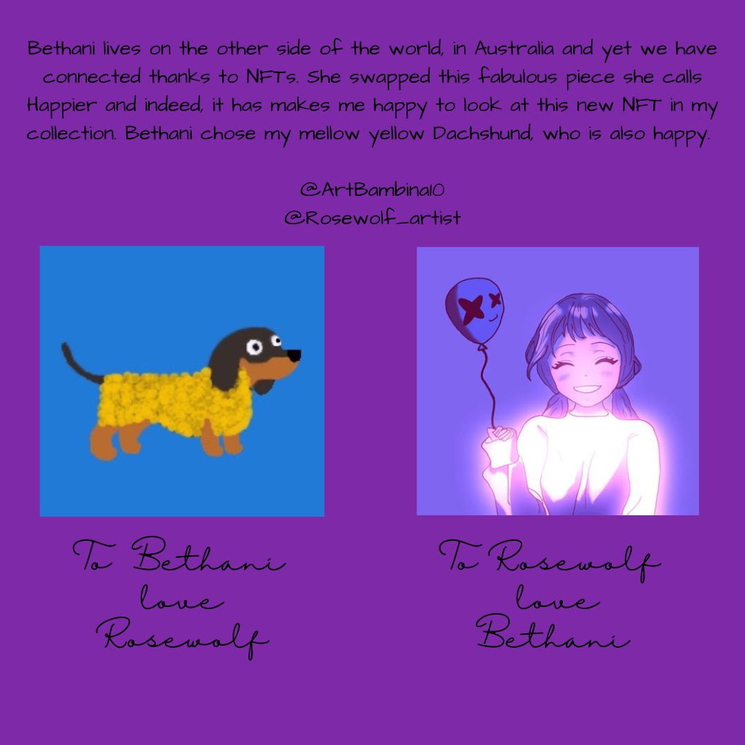 Rosewolf_artist's tweet photo. Another week, another swap. This week I swapped with Bethani all the way from Australia. Bethani has three dogs IRL and currently has puppies. I want to teleport myself there right now! 
#nfts #nftcommunity #nftswaps https://t.co/i11loArf3i