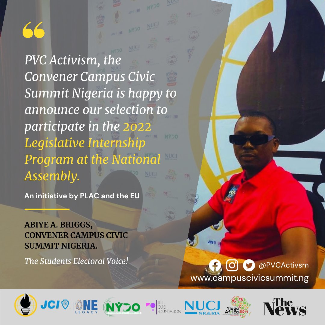 We are pleased to announce our position at the 2022 <a href="/placng/">PLAC</a> Legislative Internship Program at the National Assembly in support of the <a href="/eu_sdgn/">EU-SDGN</a> for young Nigerians who wish to gain knowledge of legislative practices and processes in Nigeria.
___
Supported by:
<a href="/DSamsonItodo/">Samson Itodo</a> <a href="/YIAGA/">Yiaga Africa</a>